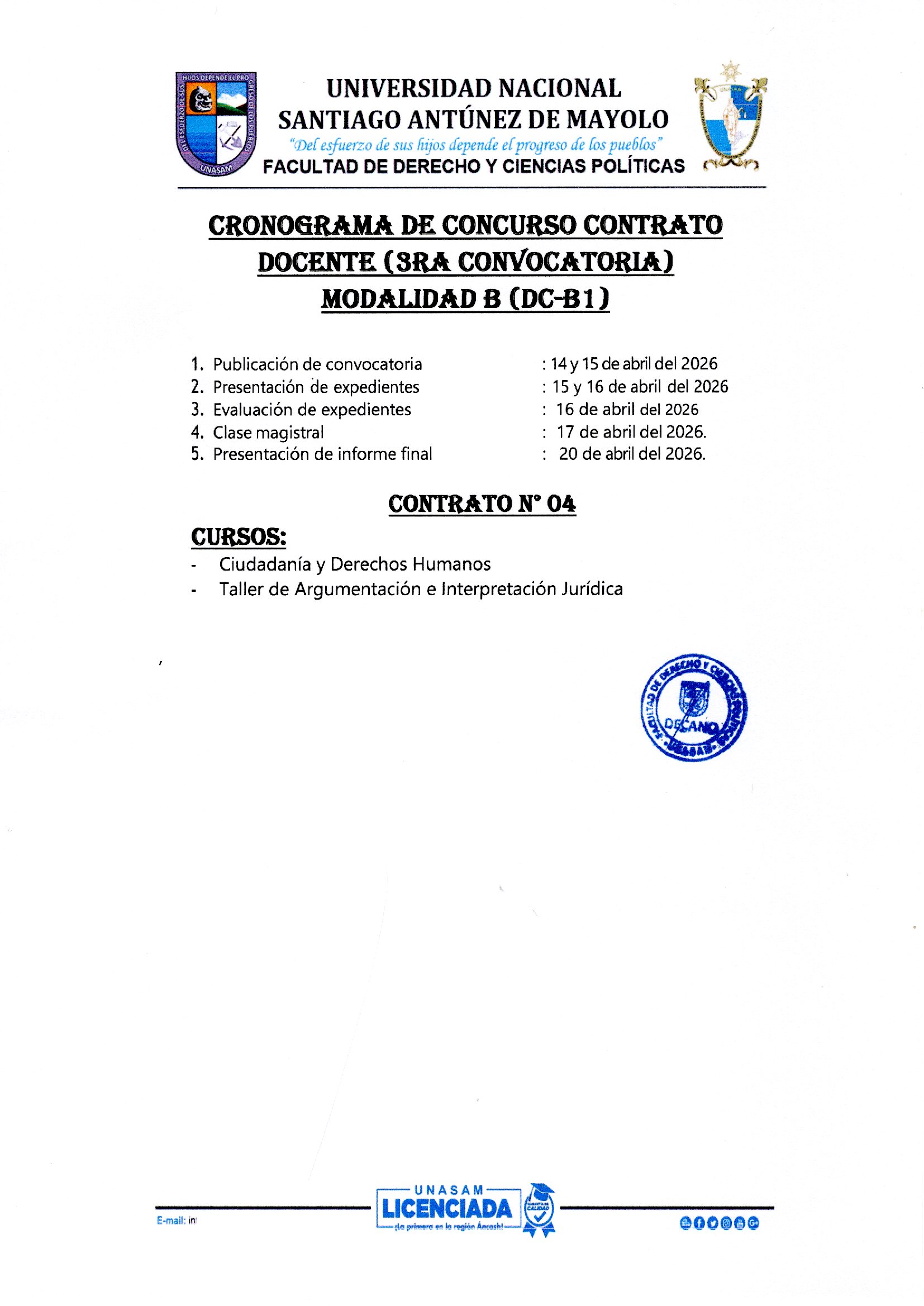  														TERCERA CONVOCATORIA DE CONTRATO DOCENTE 2026-I.
														