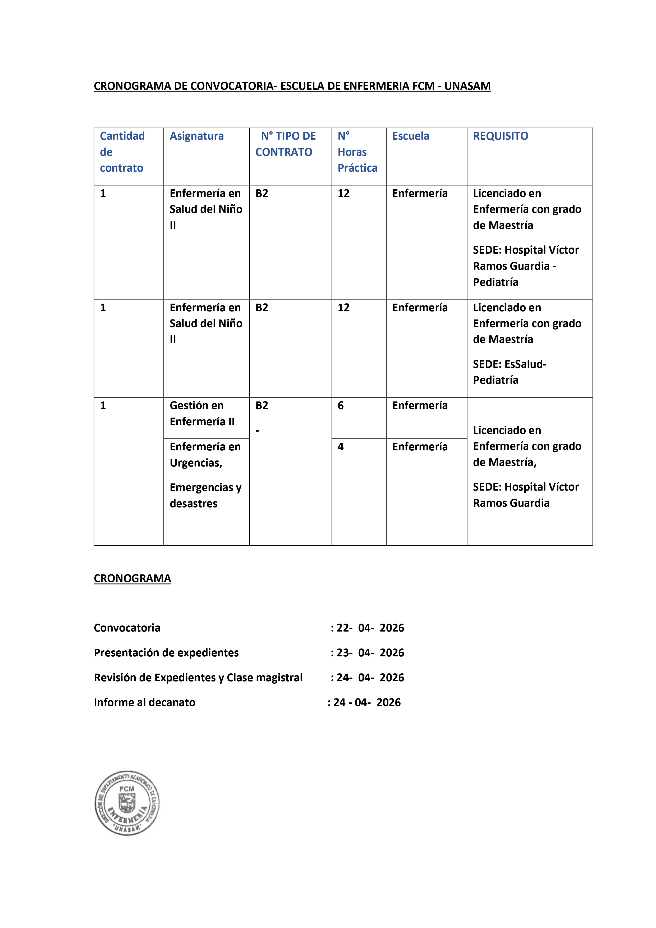  														CRONOGRAMA DE CONVOCATORIA- ESCUELA DE ENFERMERIA FCM - UNASAM
														