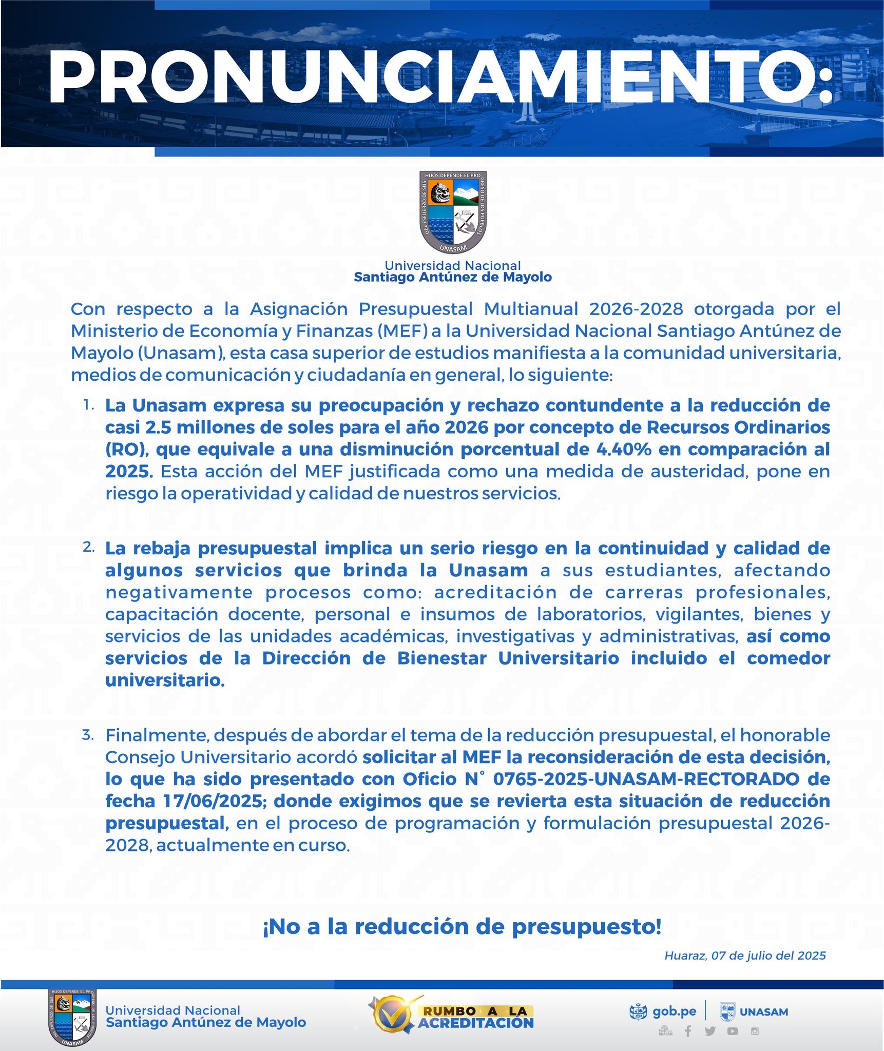  																PRONUNCIAMIENTO UNASAM
																