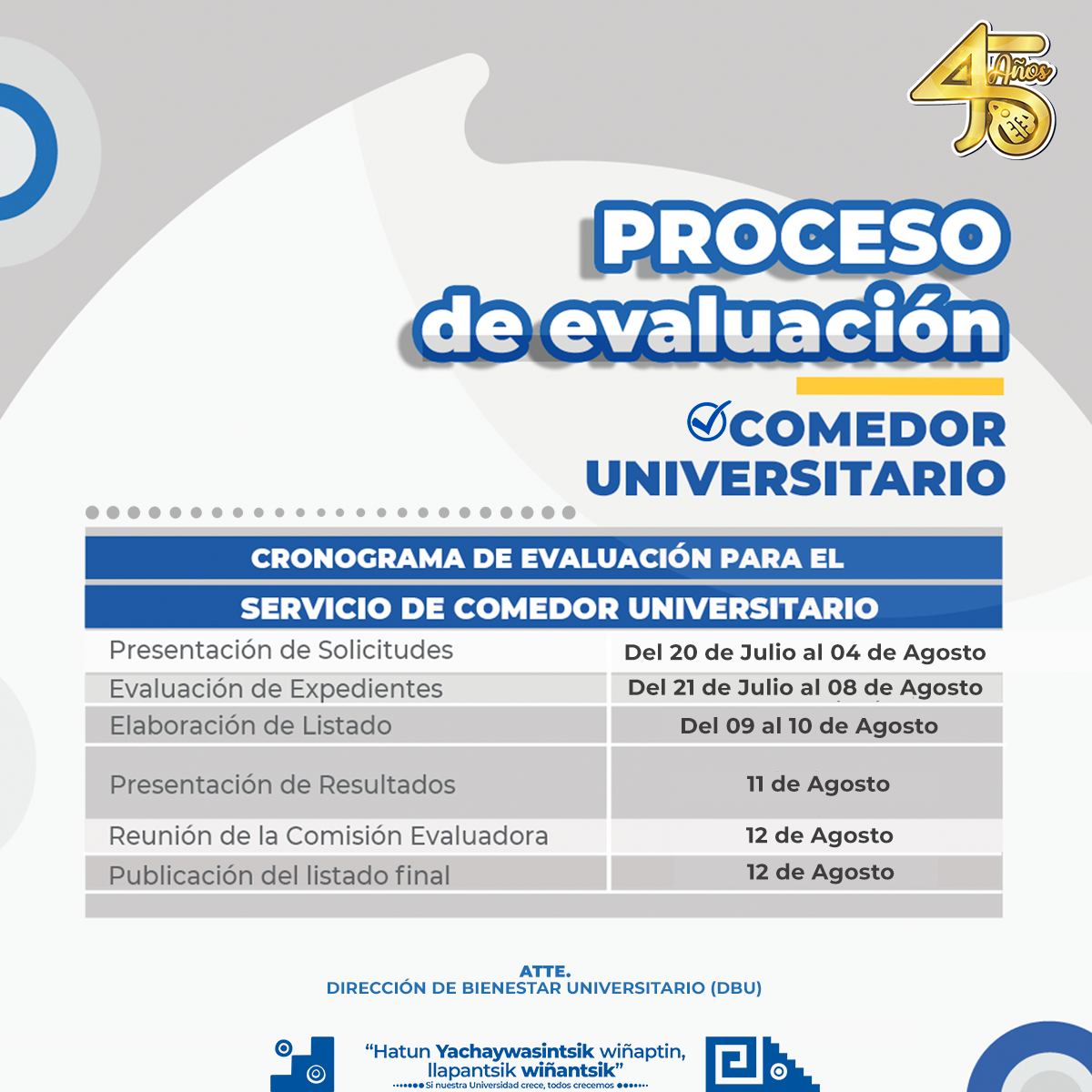  																Convocatoria del proceso de evaluación para el Comedor Universitario (Semestre 2022-I)
																