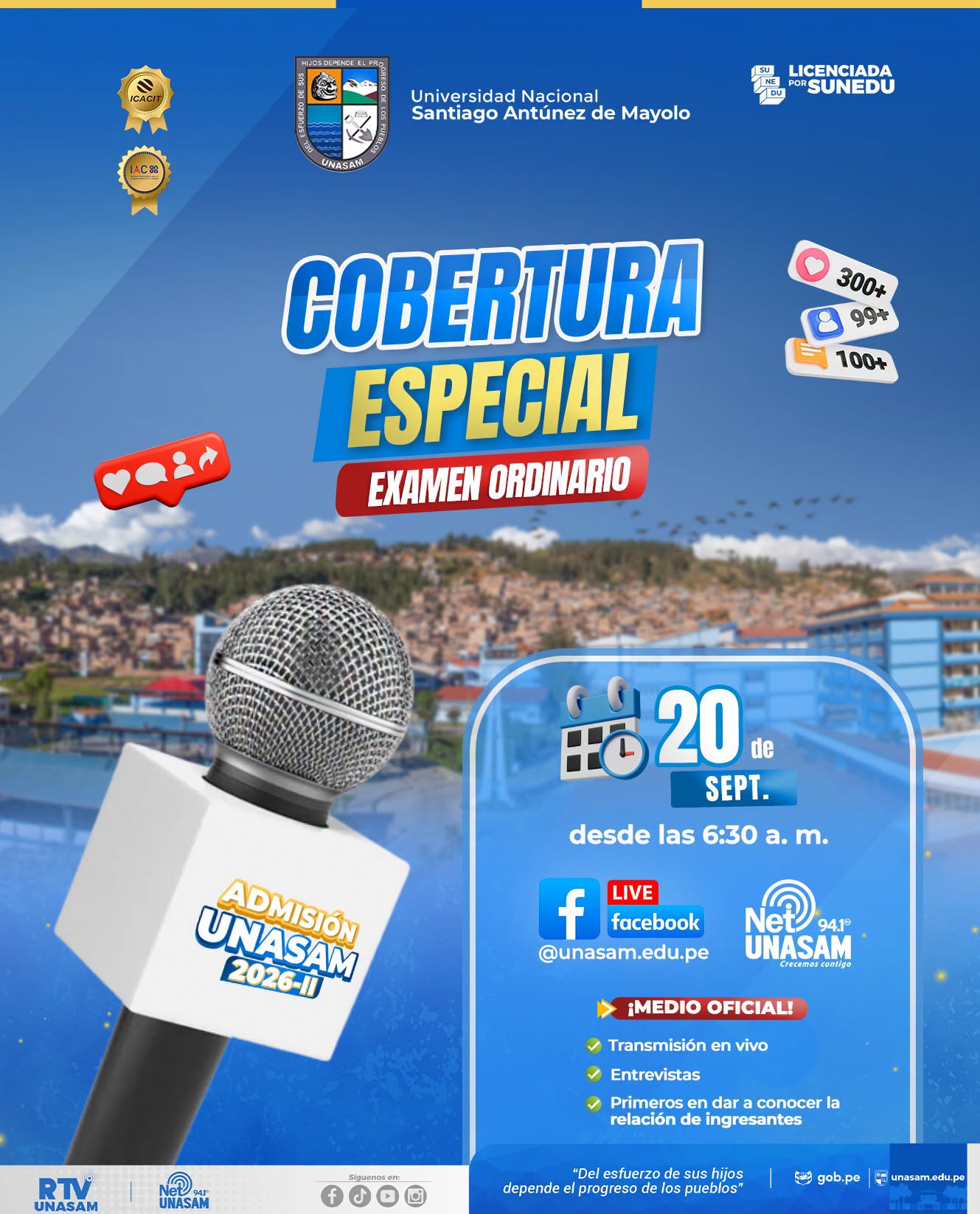  																¡Cobertura especial- Examen Ordinario Admisión Unasam 2026-II!
																
