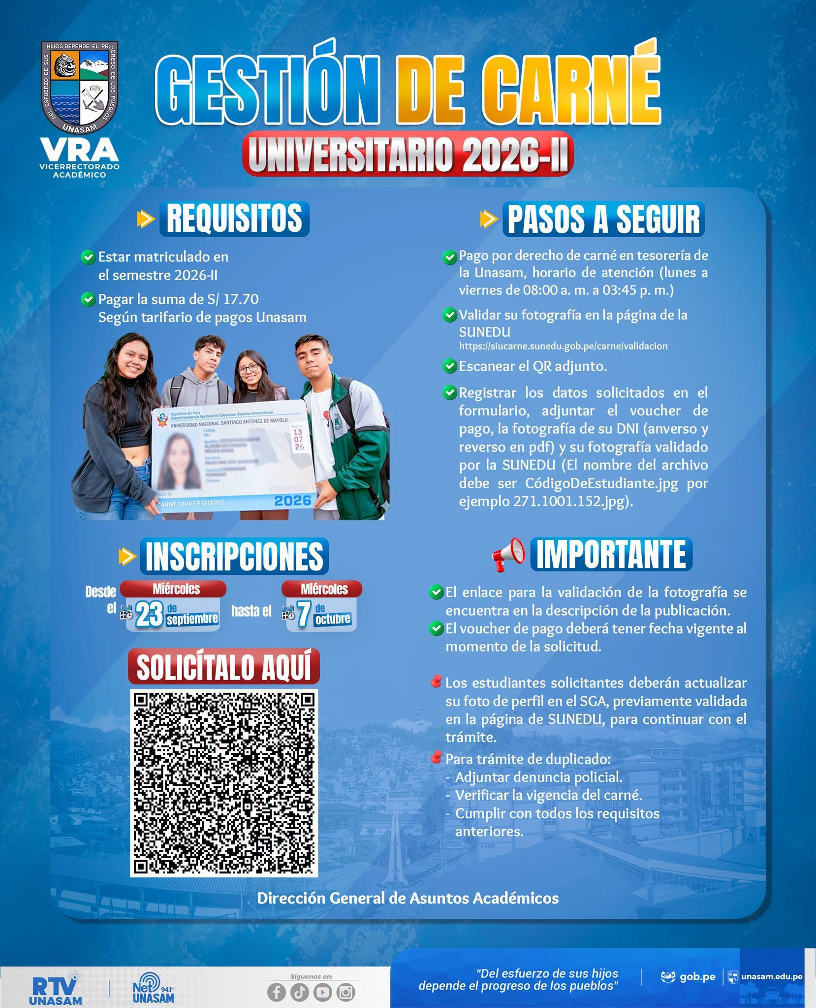  																¡Gestiona tu carné universitario 2026-II!
																