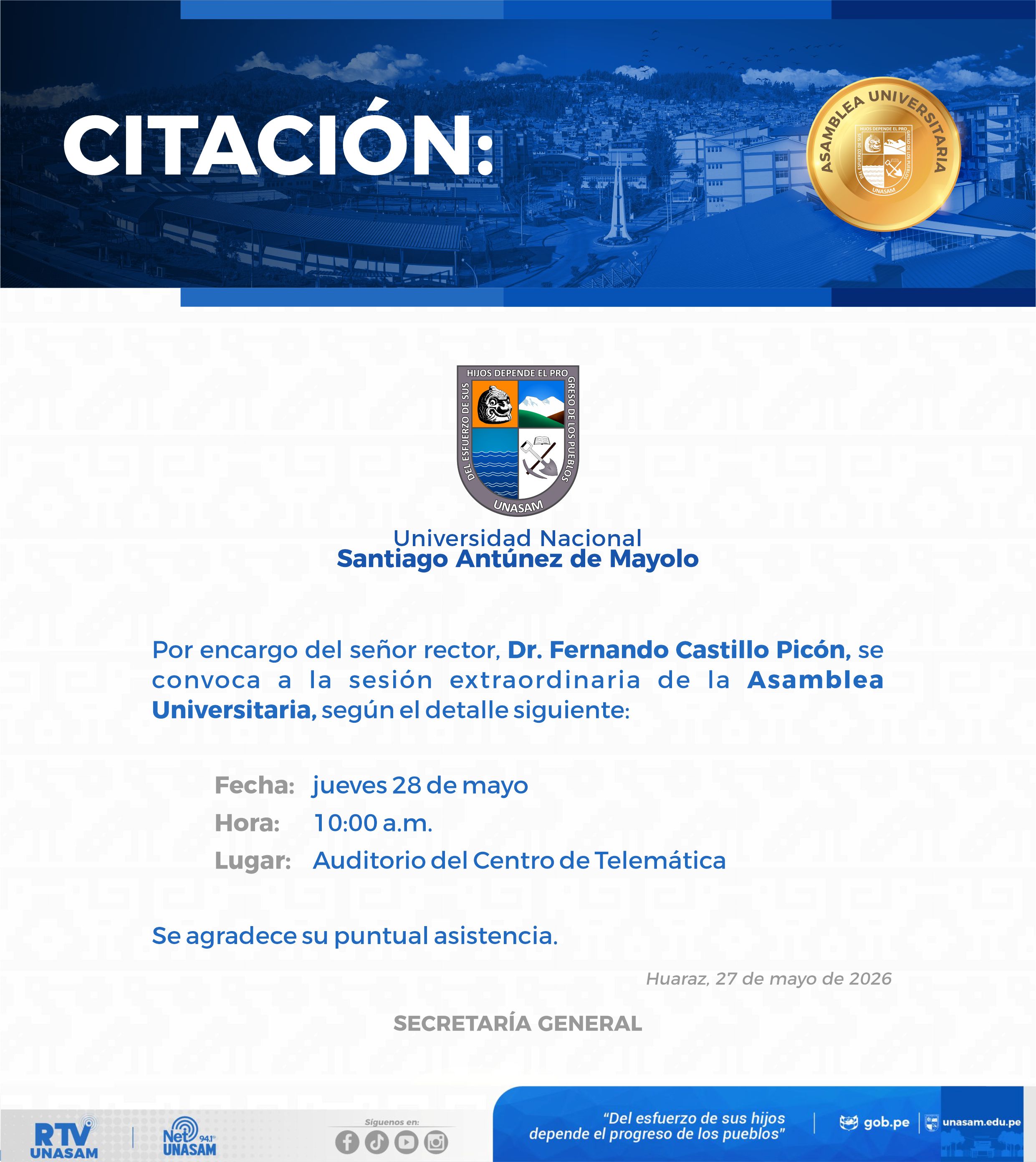  																Sesión extraordinaria de asamblea universitaria
																