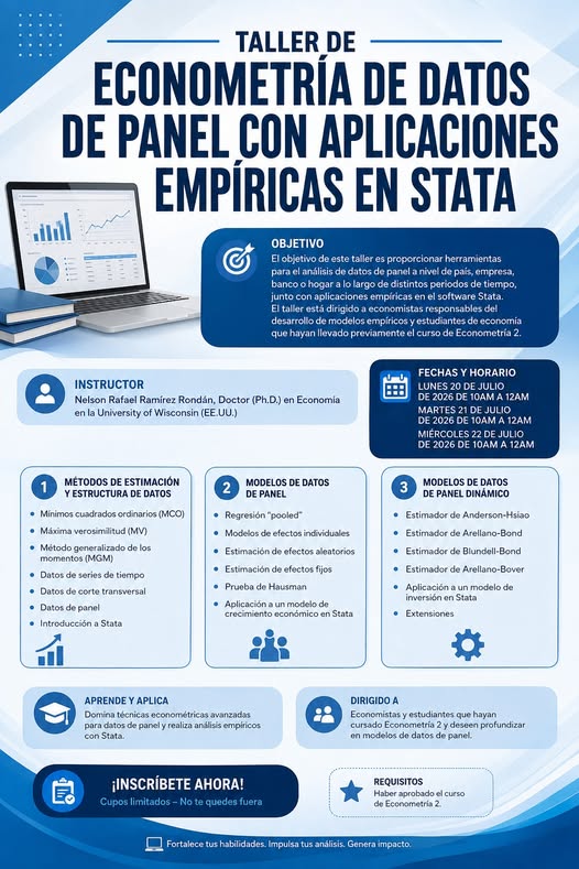  													CON ÉXITO SE LLEVO ACABO EL TALLER DE ECONOMETRÍA DE DATOS DE PANEL CON APLICACIONES EMPÍRICAS EN STATA
													