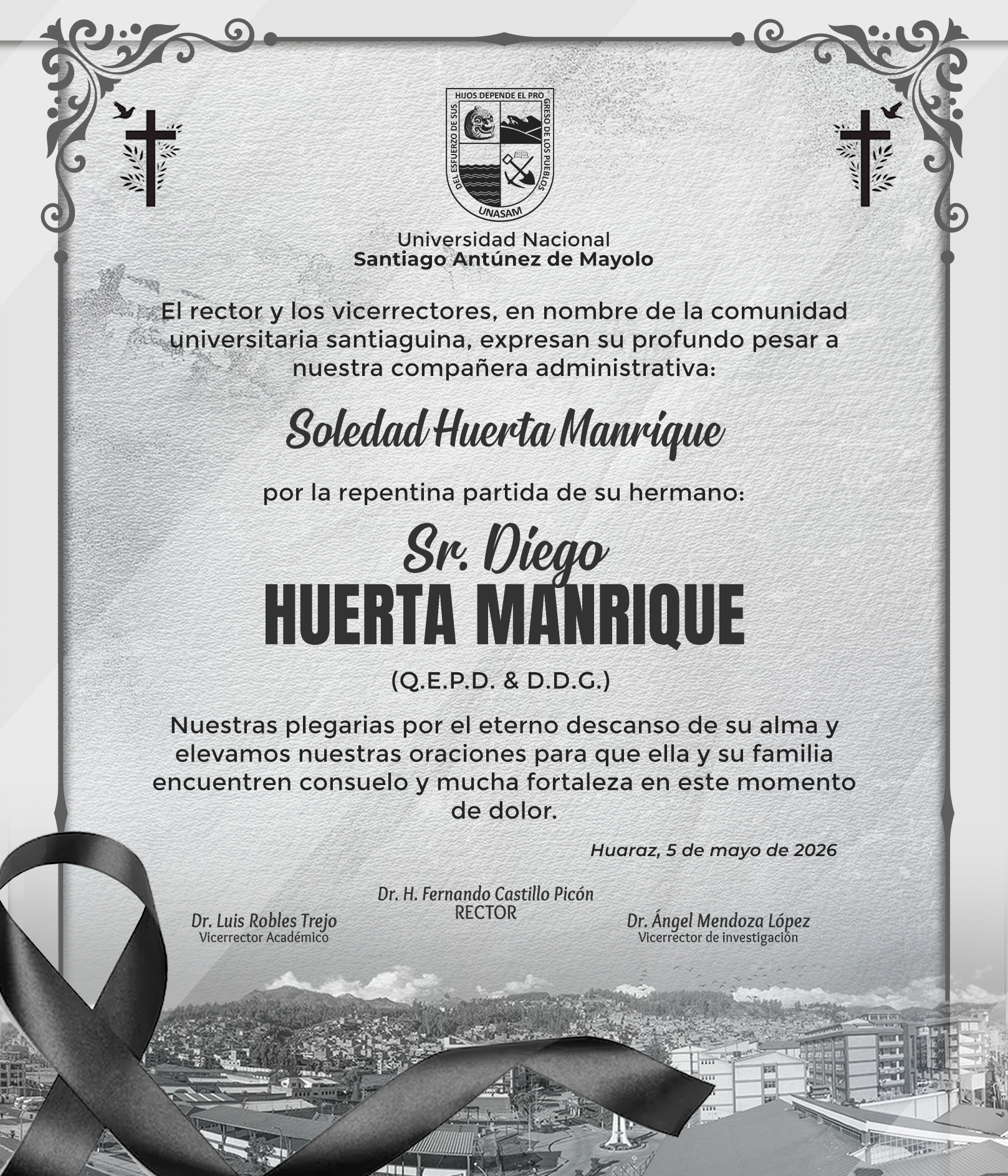  														Condolencia a nuestra compañera administrativa Soledad Huerta Manrique
														