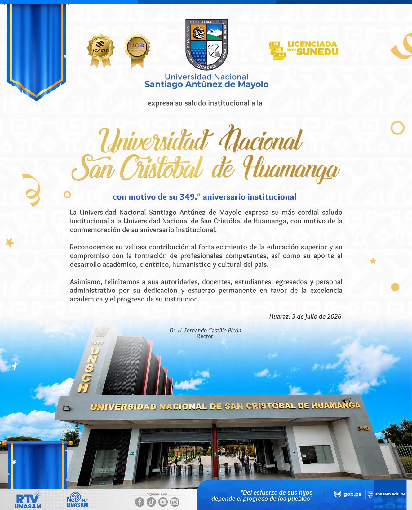 														¡Feliz 349°. aniversario de fundación, Universidad Nacional de San Cristobal de Huamanga!
														