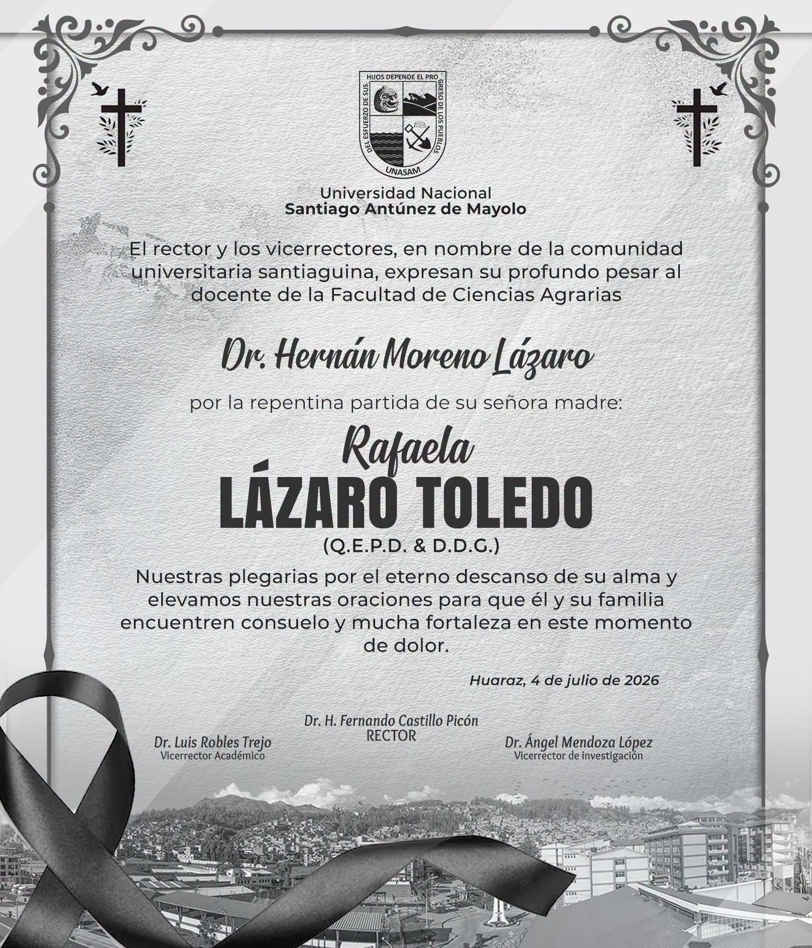  														Condolencias para el docente Dr. Hernán Moreno Lázaro
														