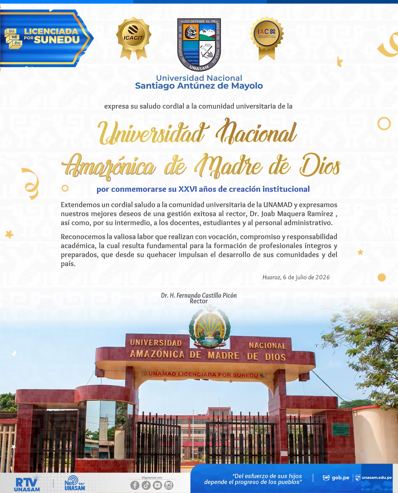  														¡Feliz 26°. aniversario institucional, Universidad Amazónica de Madre de Dios!
														