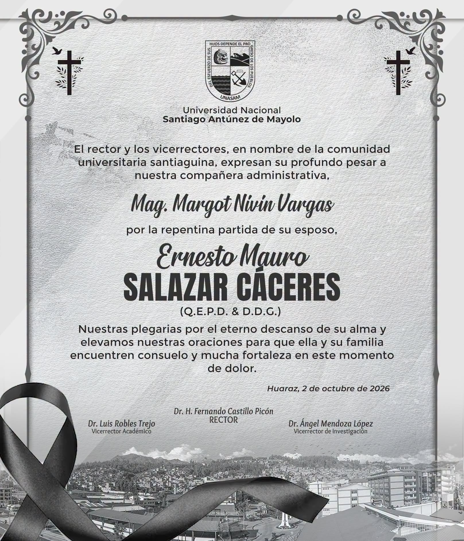  														Condolencias para nuestro compañero administrativa: Margot Nivin Vargas
														