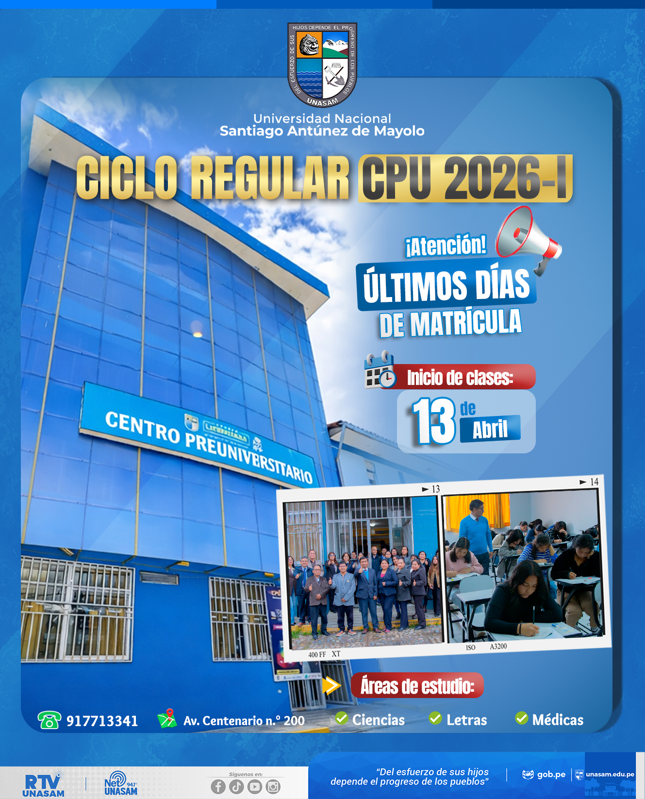  														Últimos días de matrícula para el inicio del Ciclo Regular CPU 2026-I
														