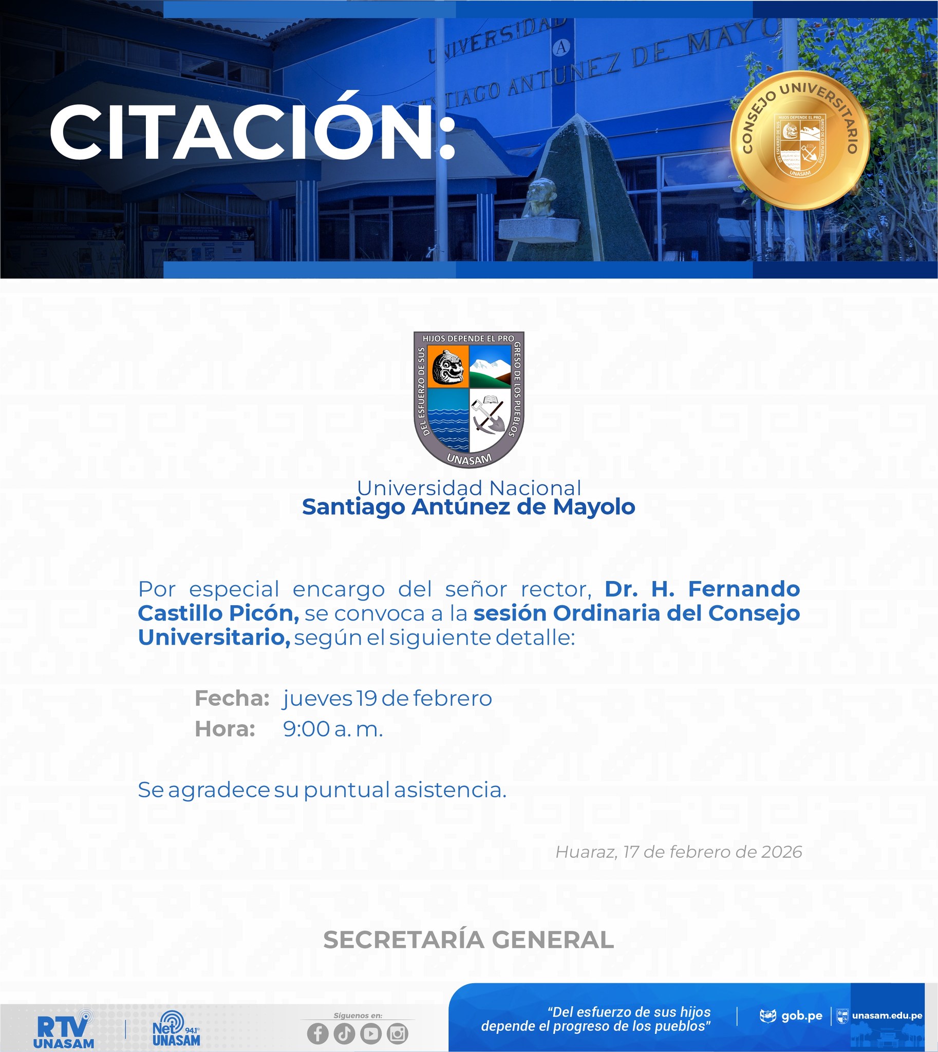  														SESIÓN ORDINARIA DE CONSEJO UNIVERSITARIO
														