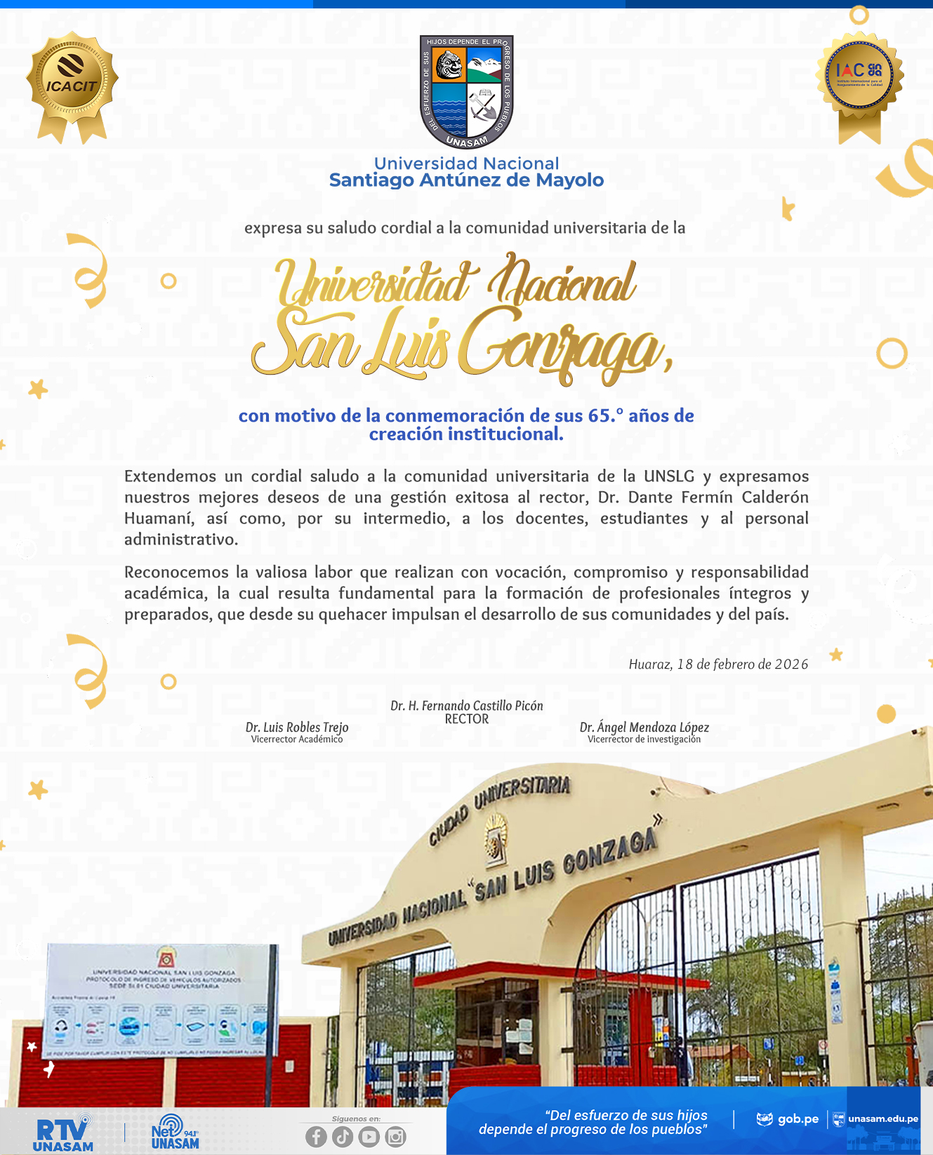  														¡Feliz aniversario, Universidad Nacional San Luis Gonzaga!
														