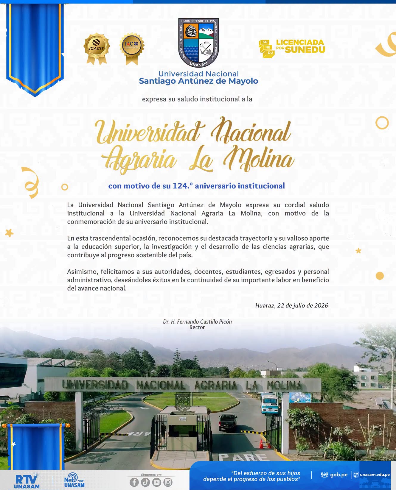  														¡Feliz aniversario institucional, Universidad Nacional Agraria La Milina!
														