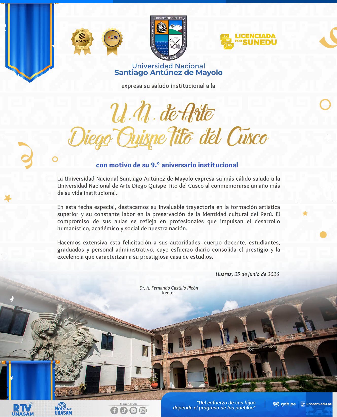 														¡Feliz 9.° aniversario institucional, Universidad Nacional Diego Quispe Tito del Cusco!
														