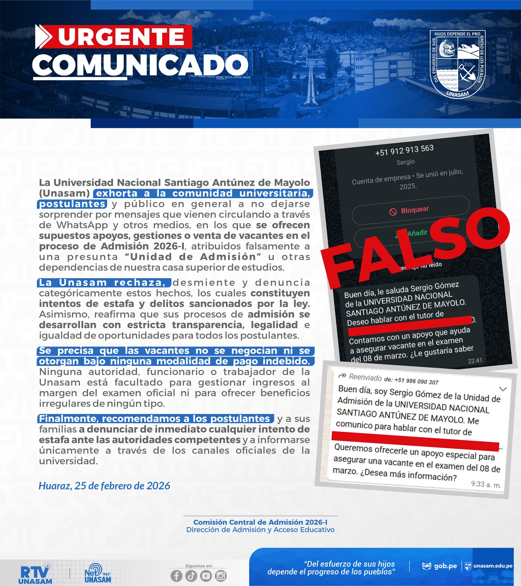  														COMUNICADO URGENTE-  ADMISIÓN
														