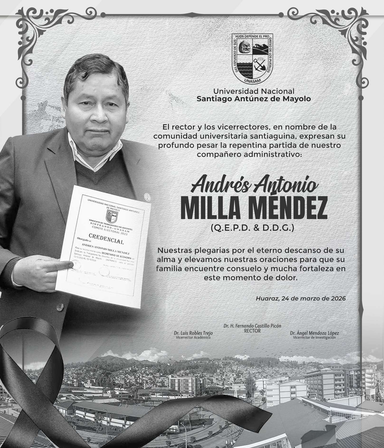  														Condolencias para nuestro compañero administrativo: Milla Méndez Andrés Antonio
														