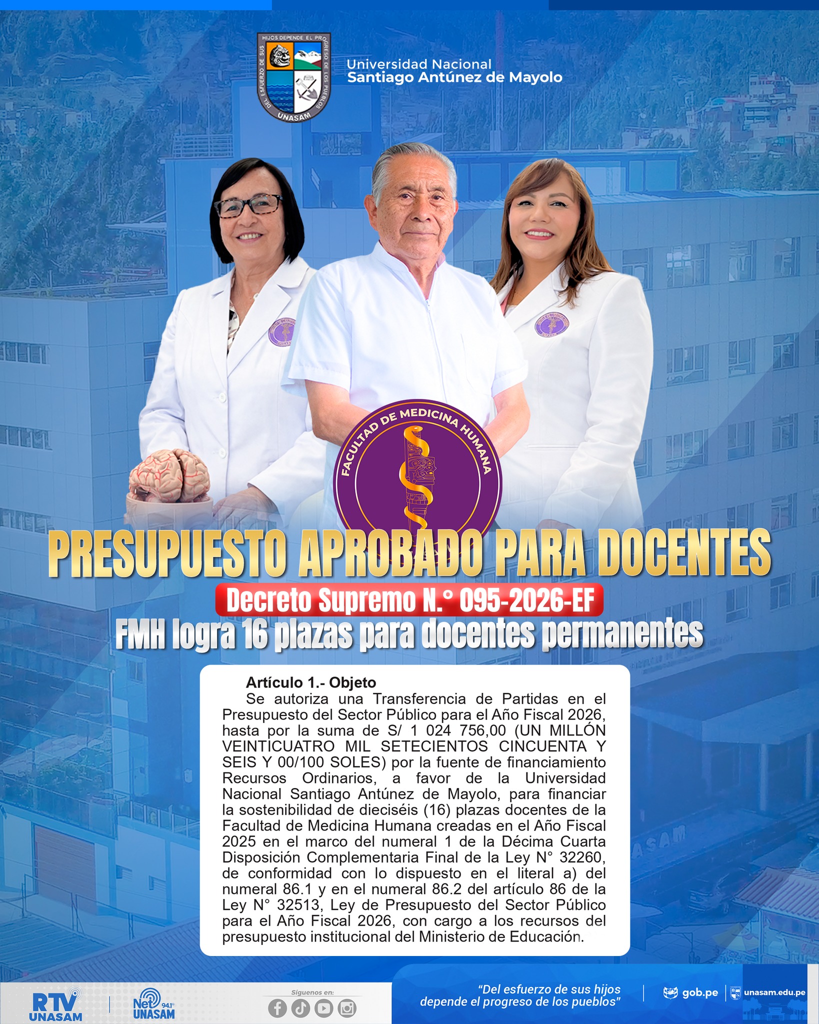  														Unasam logra presupuesto para 16 plazas docentes de la Facultad de Medicina Humana
														