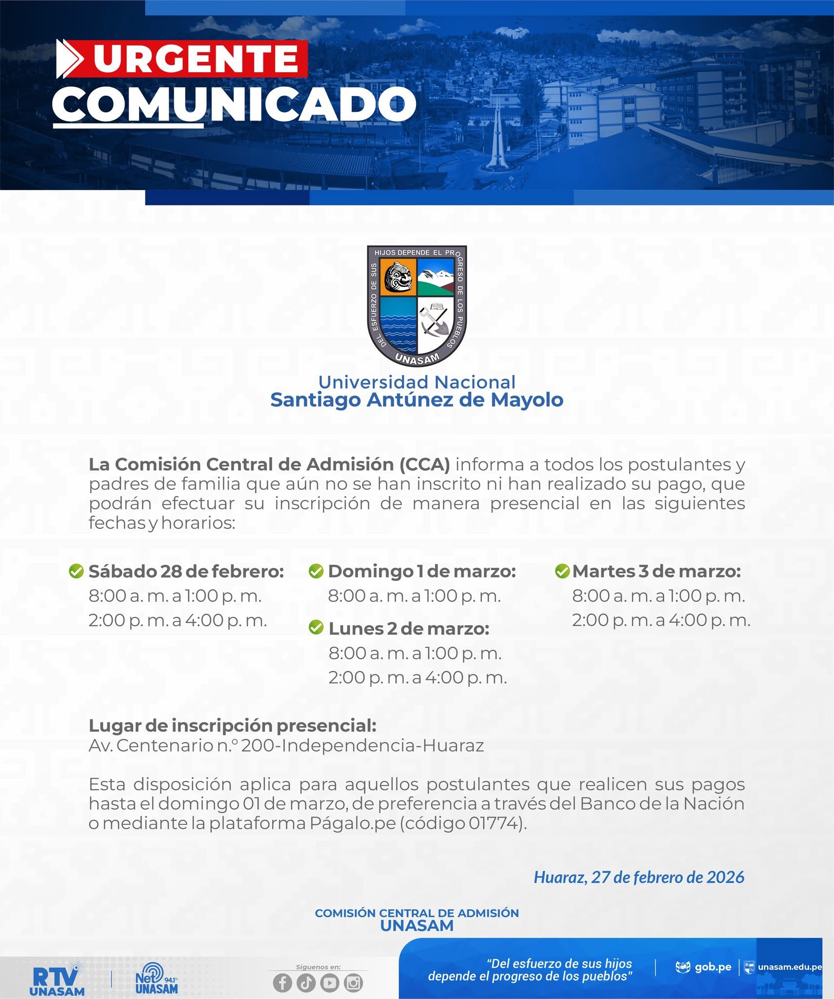  														COMUNICADO DE LA COMISIÓN CENTRAL DE ADMISIÓN
														
