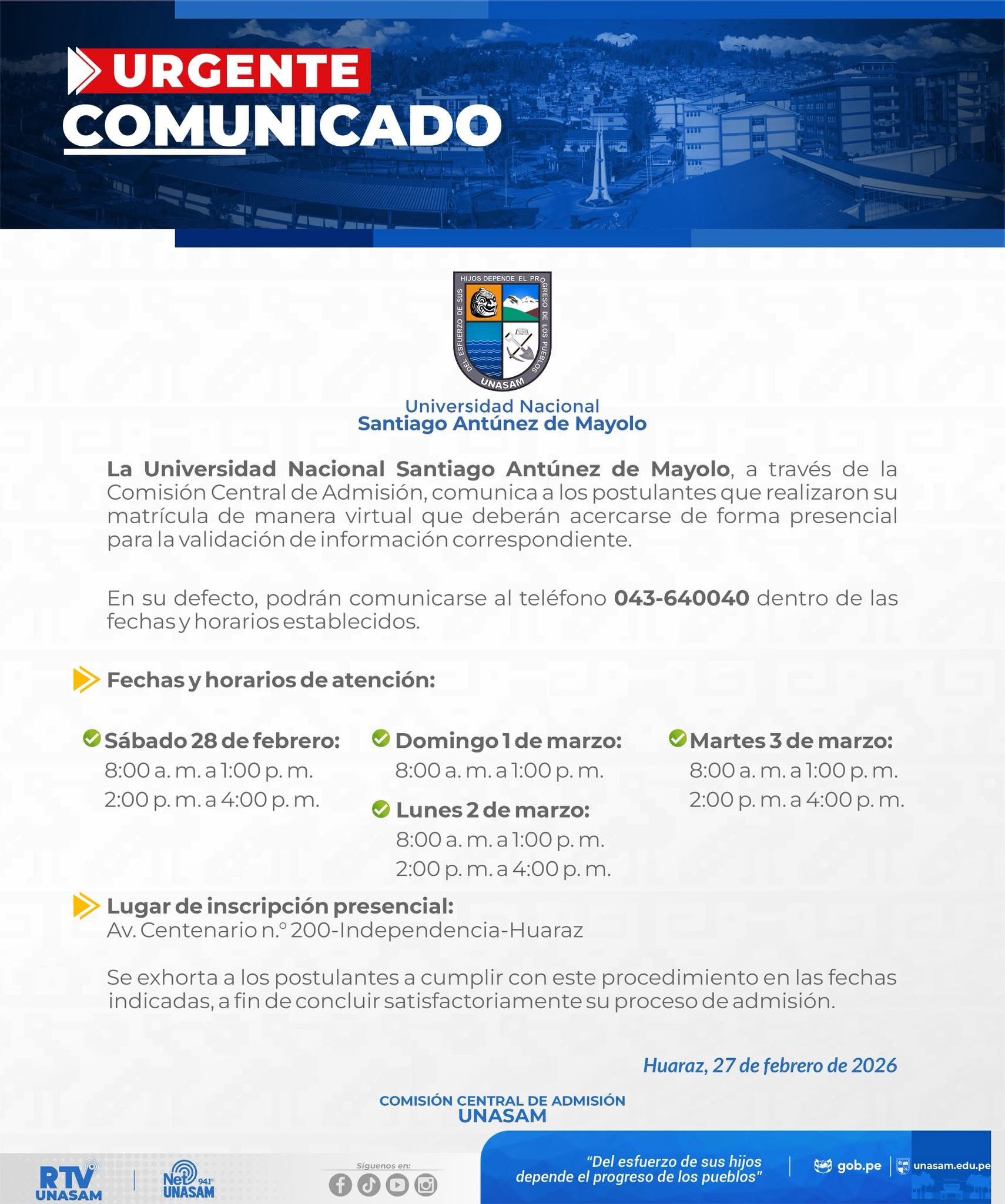  														COMUNICADO DE LA UNIVERSIDAD NACIONAL SANTIAGO ANTÚNEZ DE MAYOLO
														