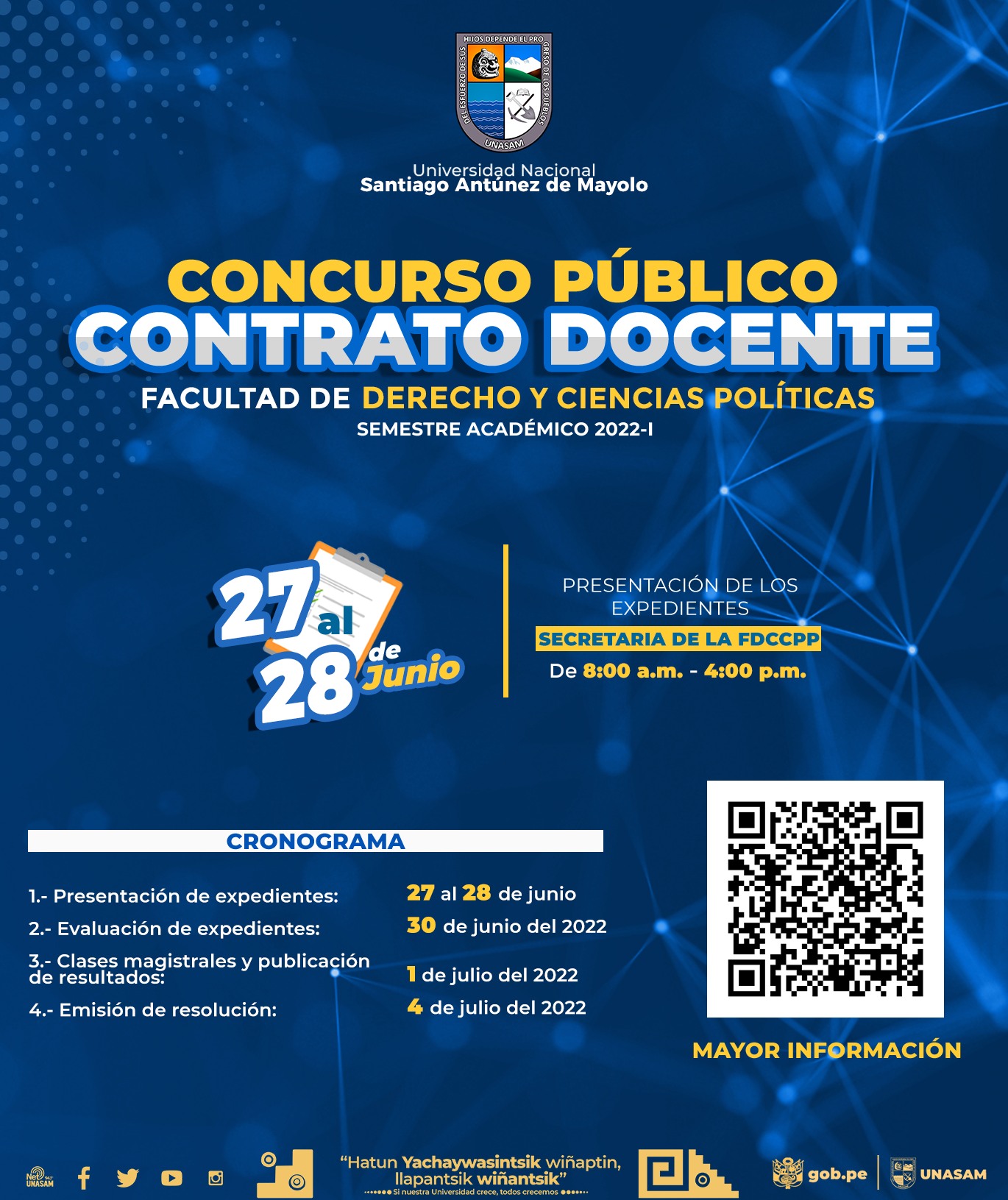  														Convocatoria a concurso público por contrato docente- Facultad de Derecho y Ciencias Políticas (FDCCPP)- correspondiente al semestre 2022-I.
														