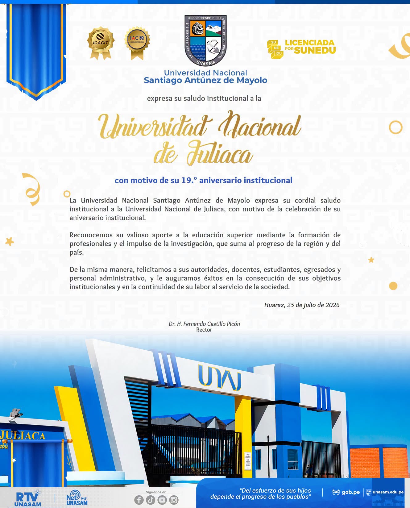  														¡Feliz 19.° aniversario institucional, Universidad Nacional de Juliaca!
														