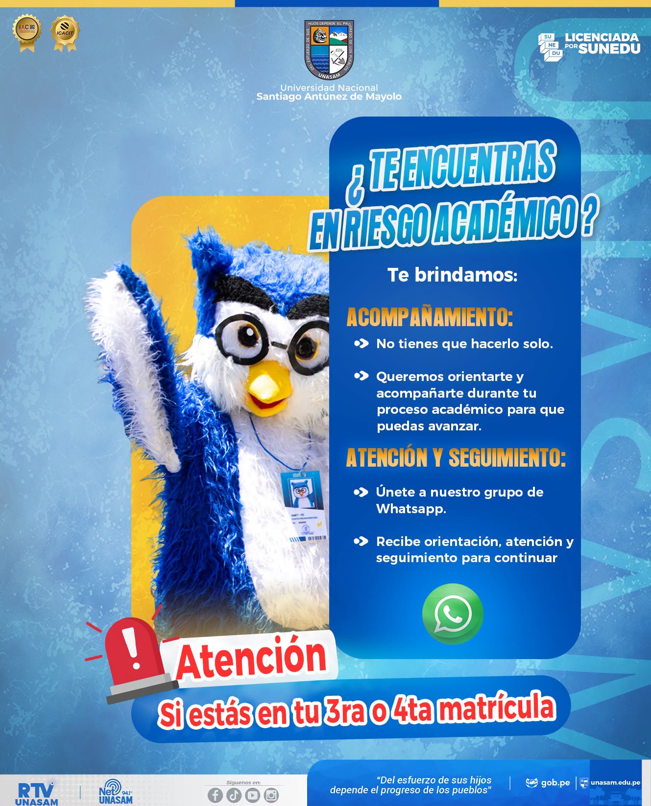  														Unasam habilita canal de acompañamiento para estudiantes en riesgo académico
														